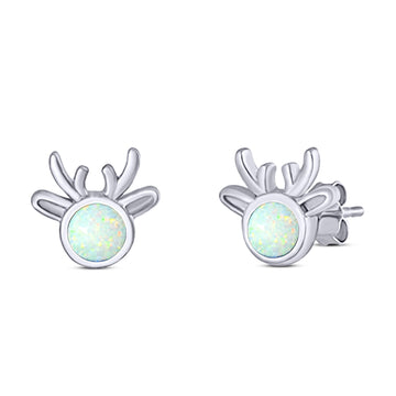Deer Stud Earring Created White Opal Solid 925 Sterling Silver (7.4mm)